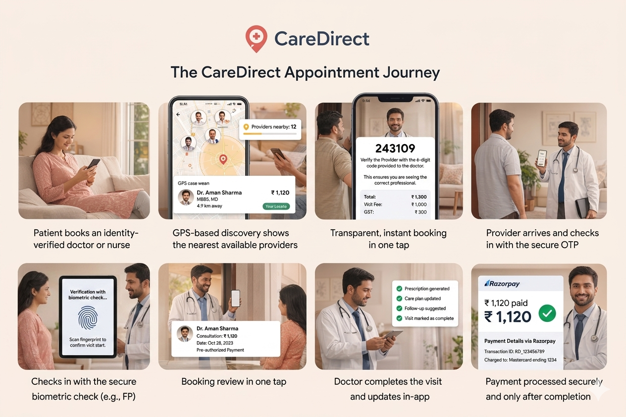 The CareDirect Appointment Journey: from identity-verified booking and GPS-based discovery to OTP and biometric check-in, completion of the visit, and secure post-visit payment via Razorpay.